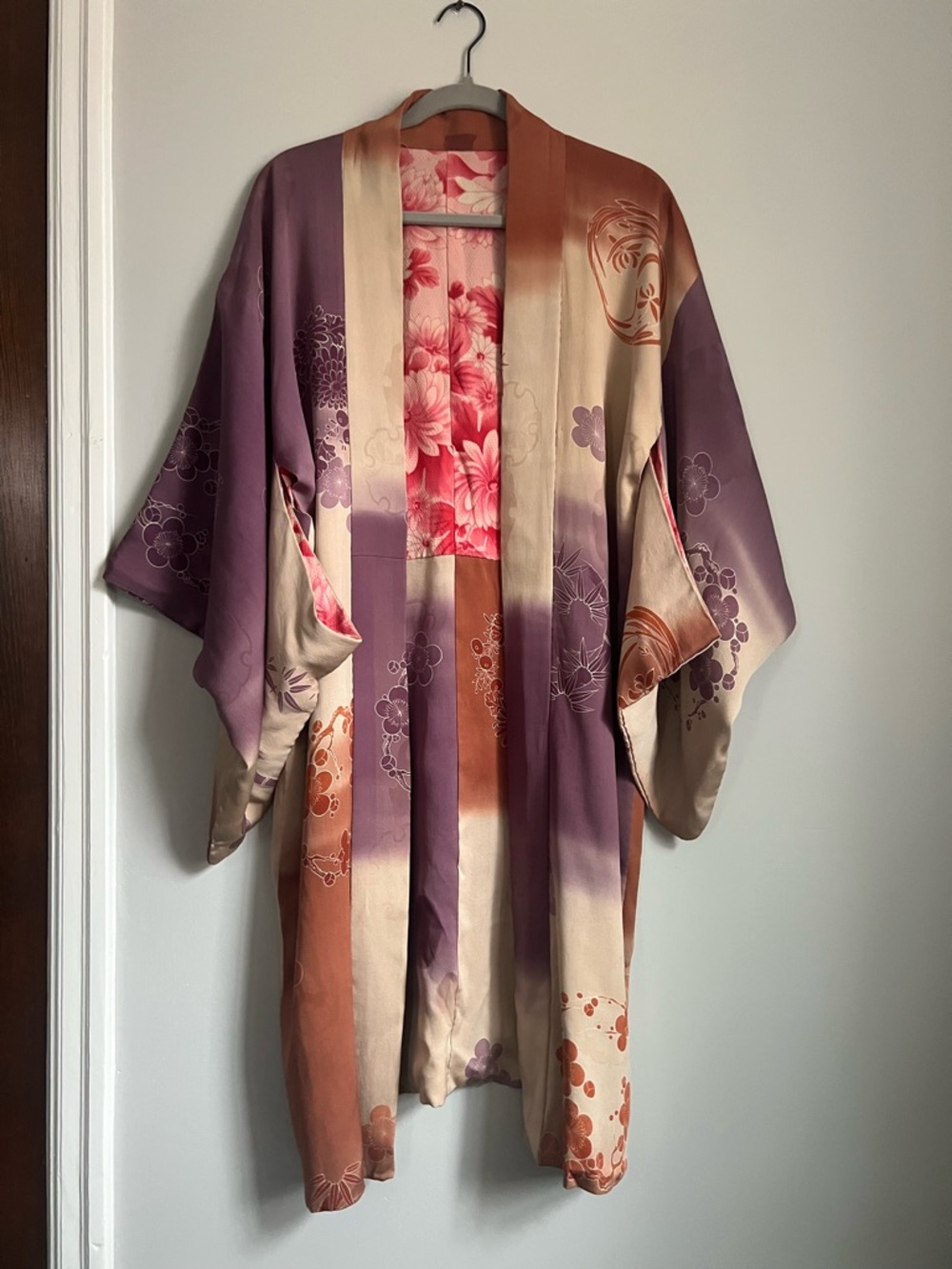 Vintage Floral Kimono Robe in mauve, rust orange, purple & cream